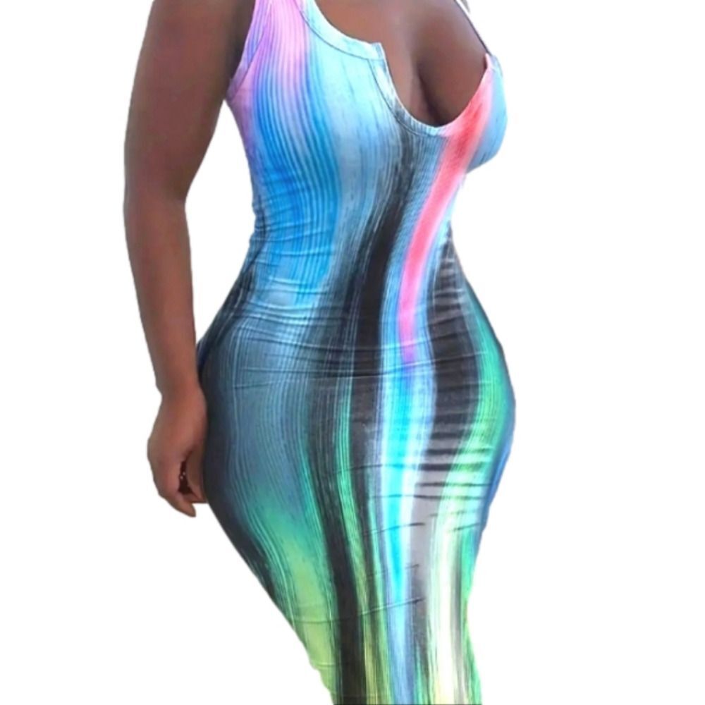 Sexy Notched Neck Sleeveless Dress with Abstract Print sz xl